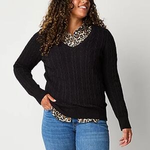 NWT - St. John's Bay Black V-Neck Cable Knit Sweater - Size XXL